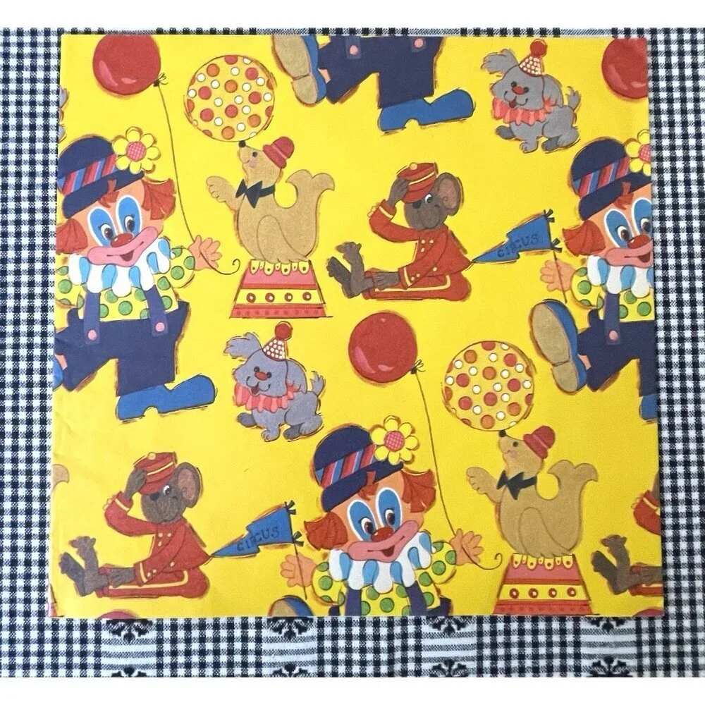 Vintage Gift Wrap Circus Clowns & Animals in Ties Yellow 80s Moose Peacock Paper